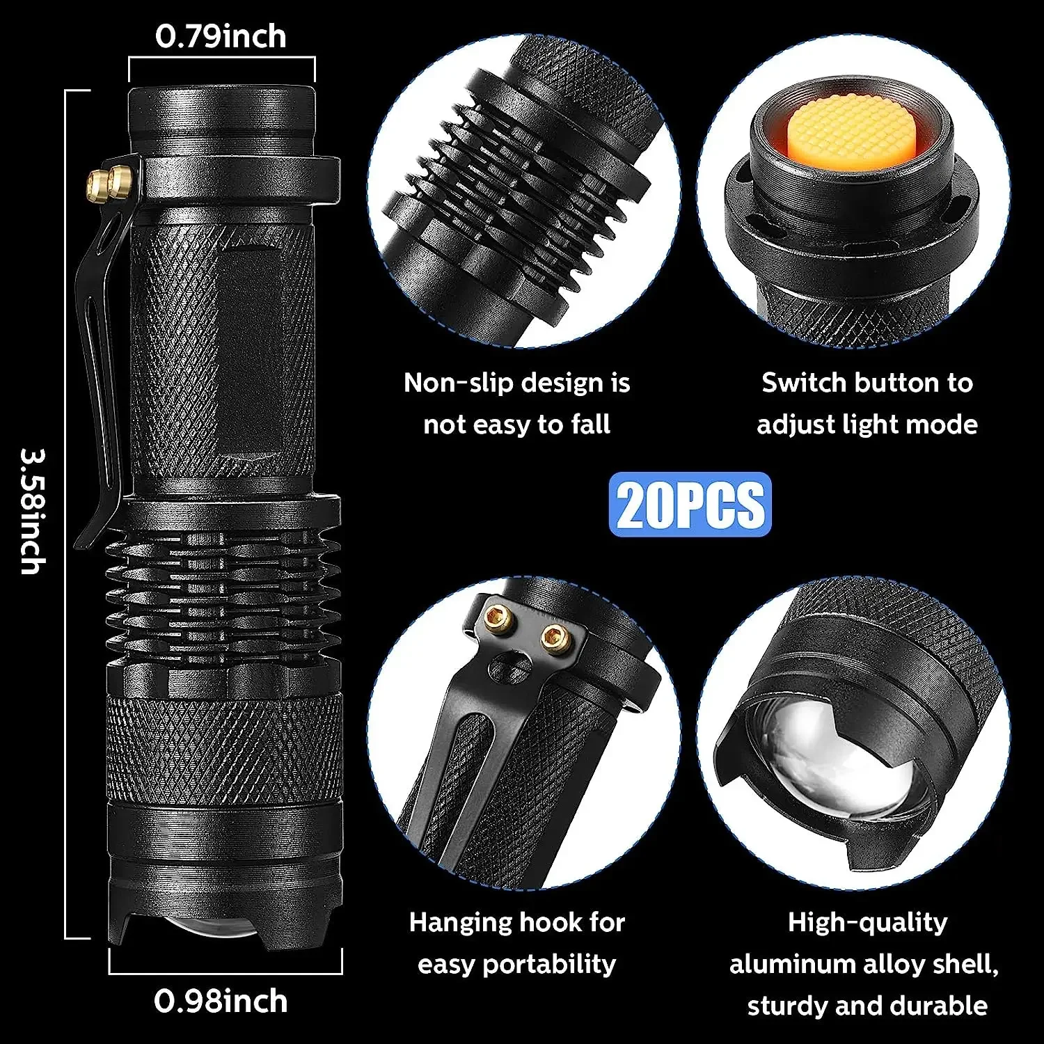 Mini LED Flashlight Zoomable Q5 Torch with Penclip 3Mode Small Pocket Tactical Lantern Waterproof Light for Kids Outdoor Camping