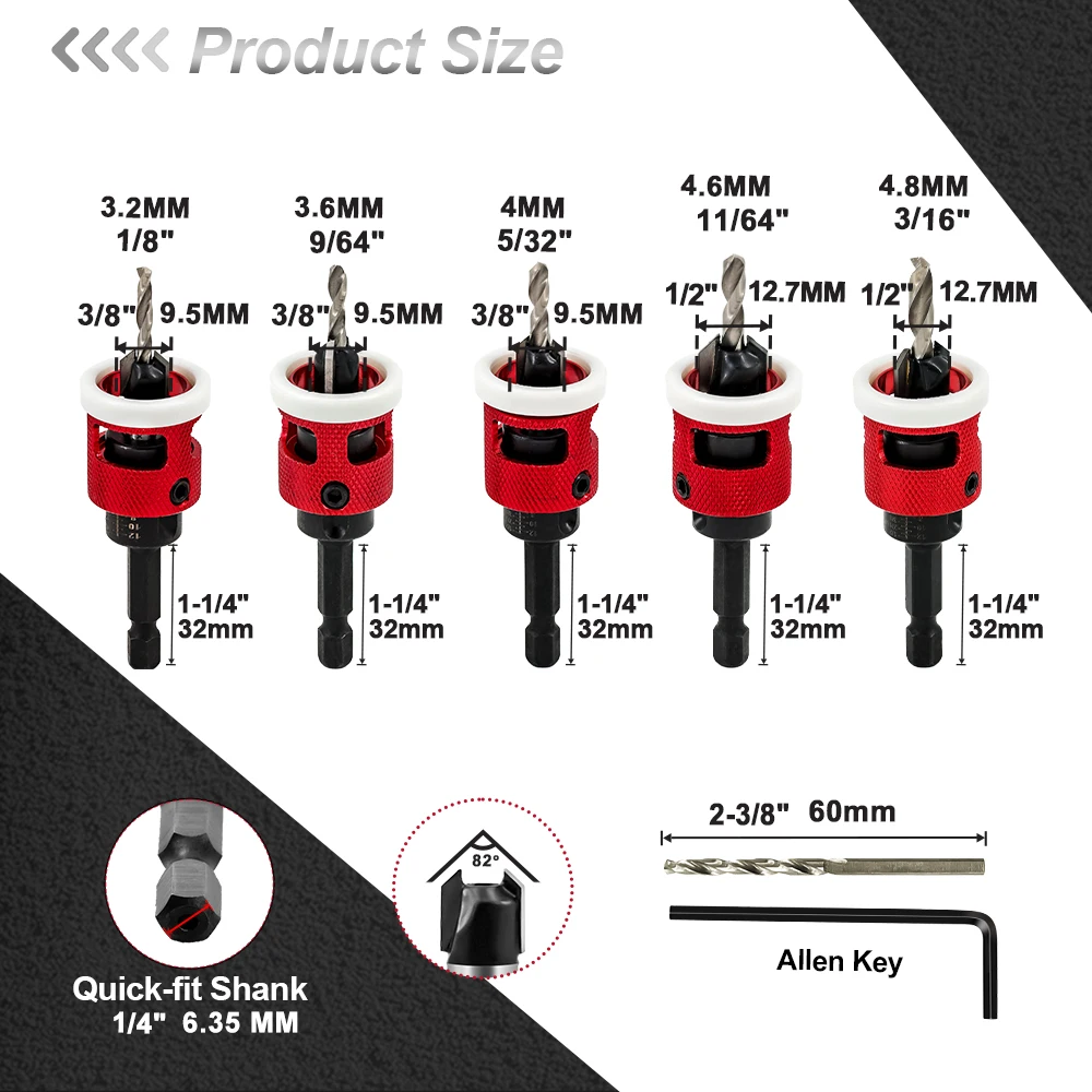 FOCSTOL Set HSS+ Alloy Woodworking Countersink Limit Drill Quick Connect Shanks Natural Wood Chipboard Plywood MDF Drill