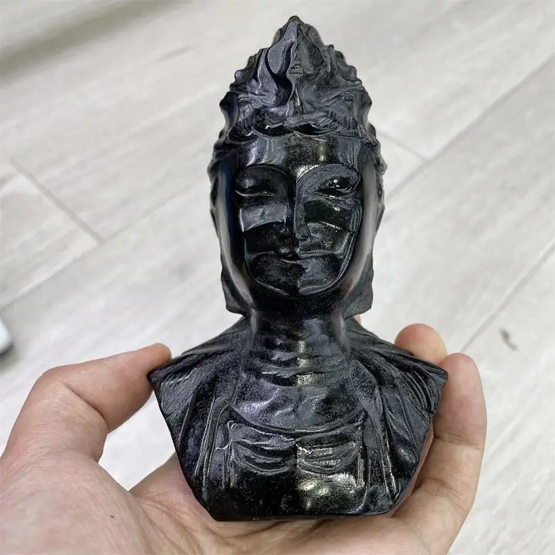 

13cm Natural Black Obsidian Buddha Guanyin Statue Polished Gemstones Healing Fengshui Crafts Home Desktop Decor Gift 1pcs