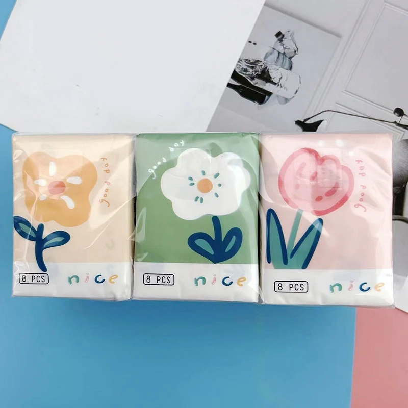 9 confezioni di fazzoletti di carta con fiori di cartone animato carino, piccoli tovaglioli portatili in pasta di legno vergine, asciugamani in tessuto per il viso