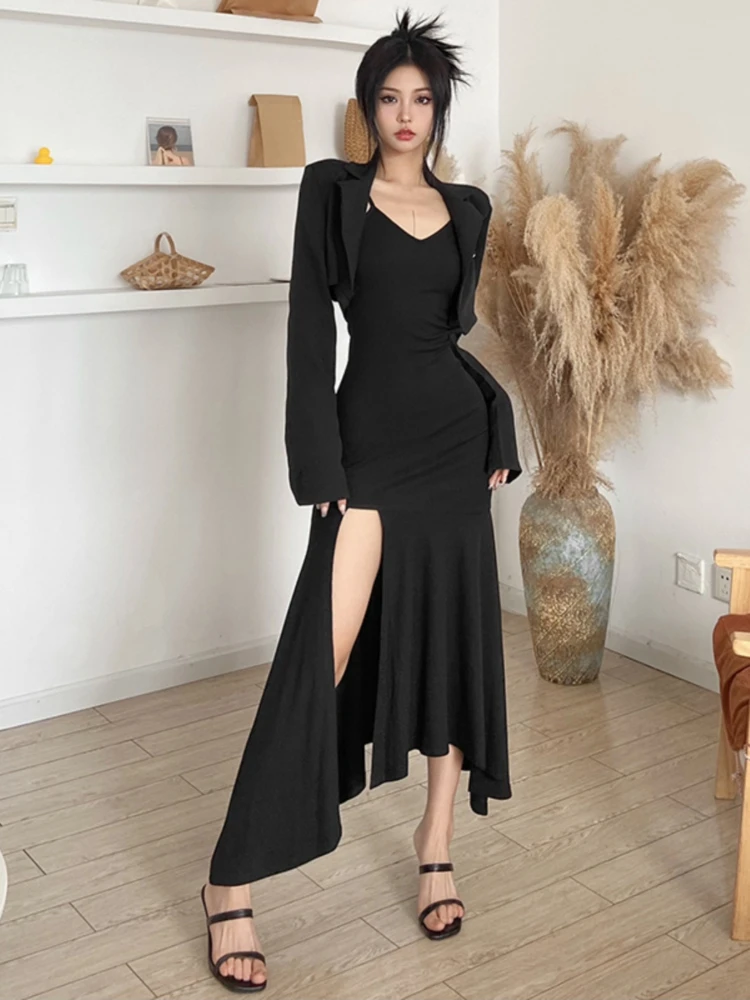 

Dress Women's Black Pullover Slim Fit Fashionable Simple French Sleeveless Strap Design Irregular Slit Slimming Fishtail Spring