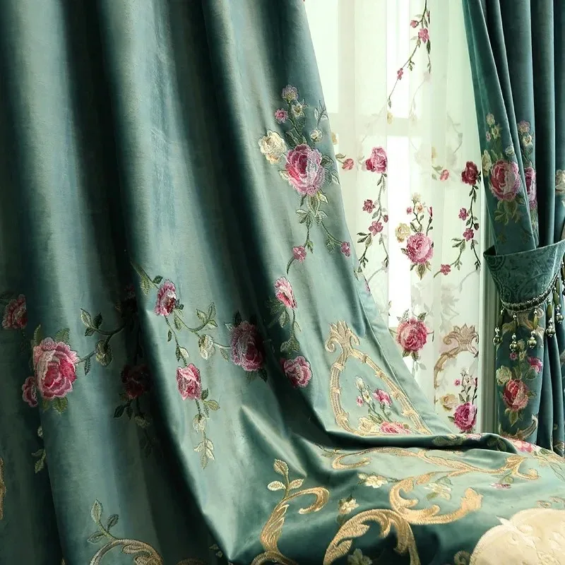 New Floral European Blackout Customized Velvet Embroidered Curtains for Living Dining Room Bedroom Balcony Curtains Finished