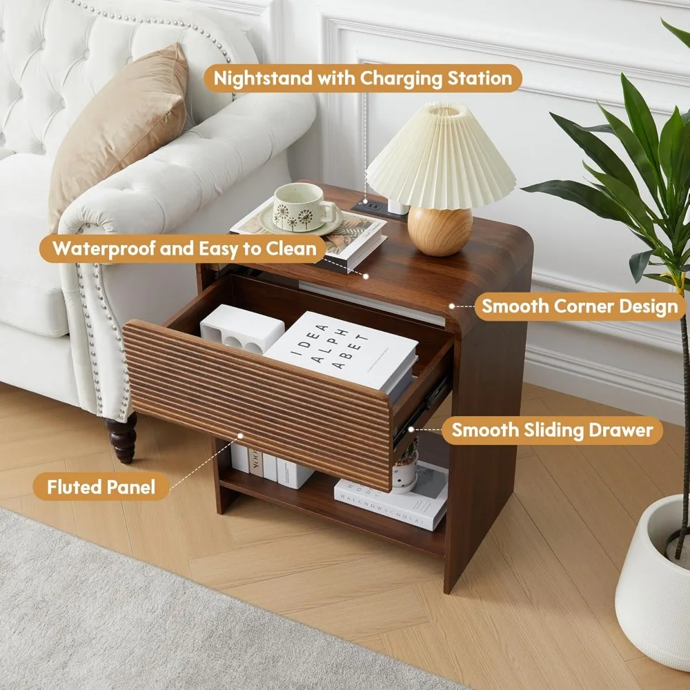 2-piece Flute Bedside Table with Charging Station, Modern Bedside Table with Drawer Storage