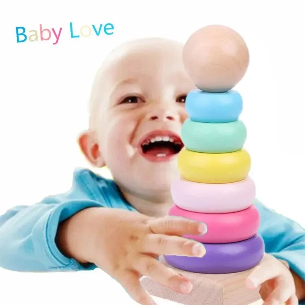 Hot Children Rainbow Tower Ferrule Wooden Toy Stacking Circle Baby Early Childhood Education Puzzle Ring Montessoris Toys Kids