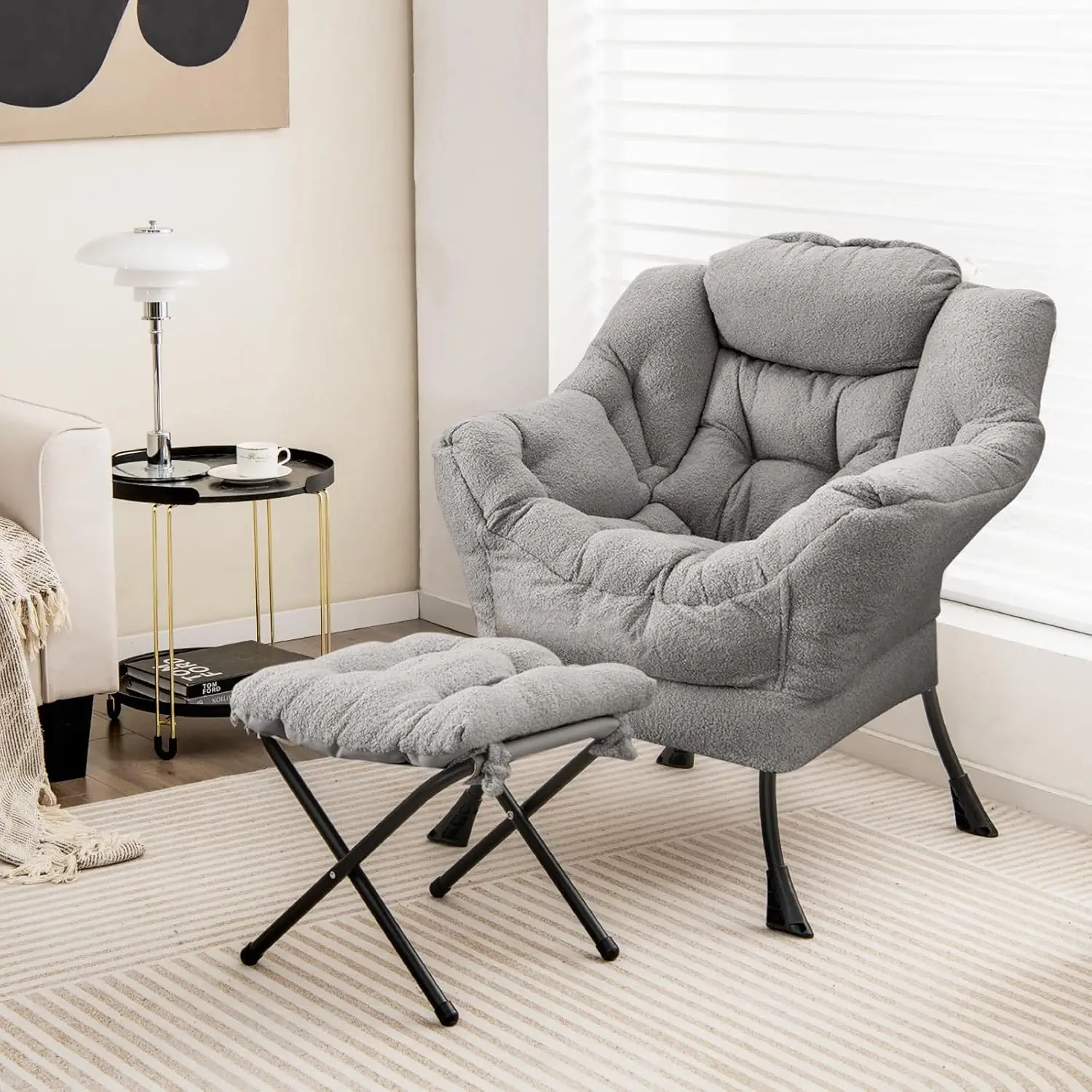 Sherpa Accent Chair Set w/Ottoman, Armrests & Pocket, Upholstered Single Sofa for Living Room Bedroom, Grey, Customized