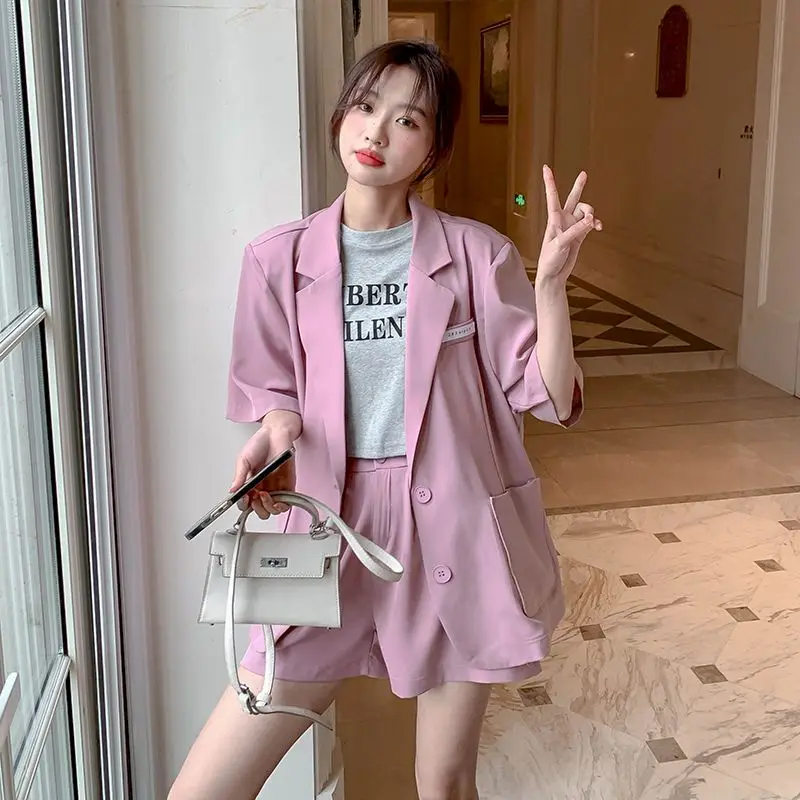 Women Summer Korean Blazer Set Casual Fashion Temperament Goddess Style Professional Suit Shorts Womens Two Piece Jacket Sets