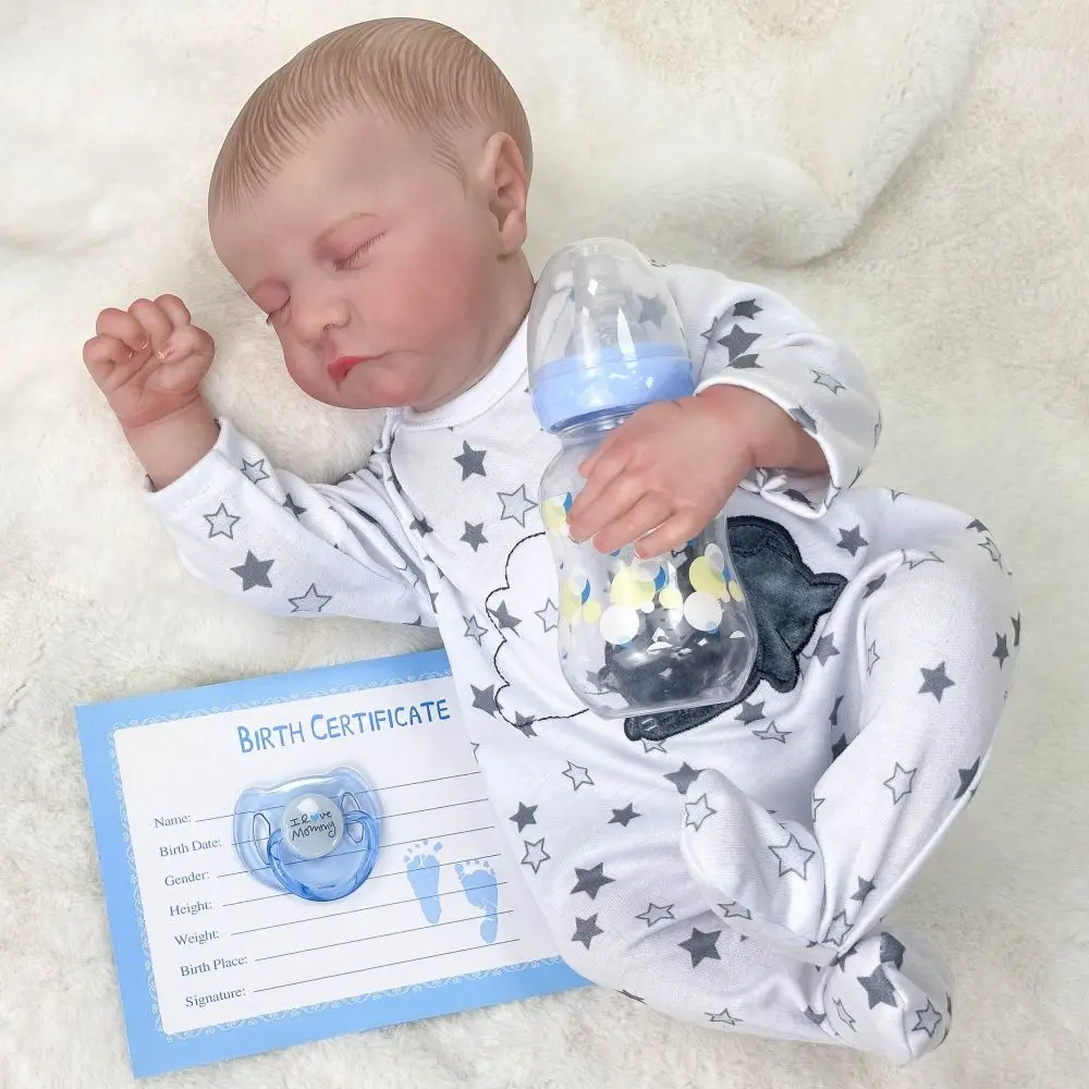 Boneca menino reborn de vinil de 18 polegadas |   Dormindo com olhos fechados, características faciais requintadas, cabelo/pele pintados à mão, pijama estrela de desenho animado