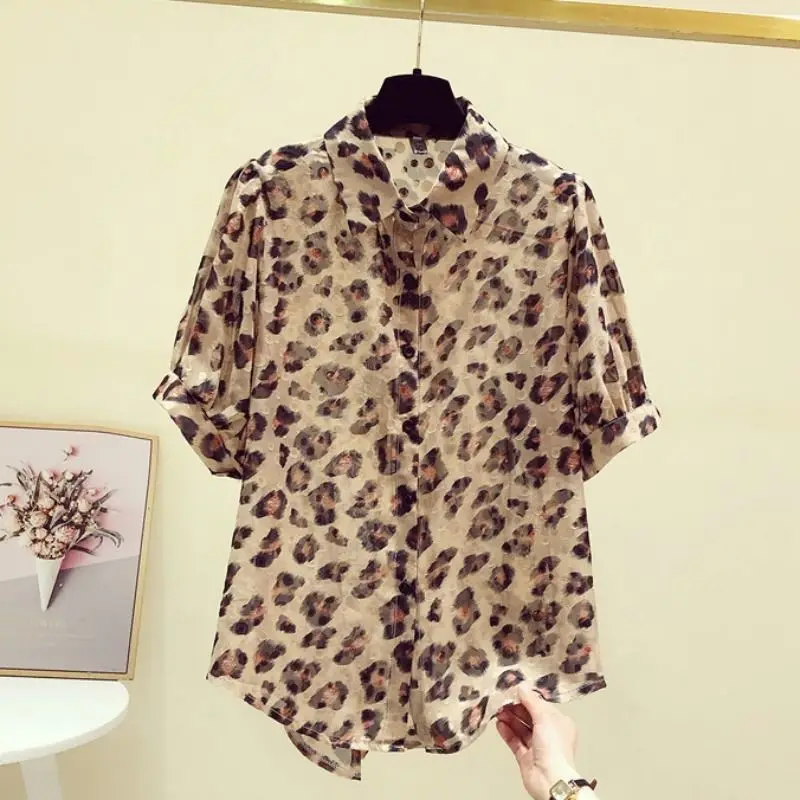 Fashion Y2k Summer Loose Lapel Collar Leopard Women Short Sleeve Single-breasted Office Lady Casual Affordable Comfortable Shirt