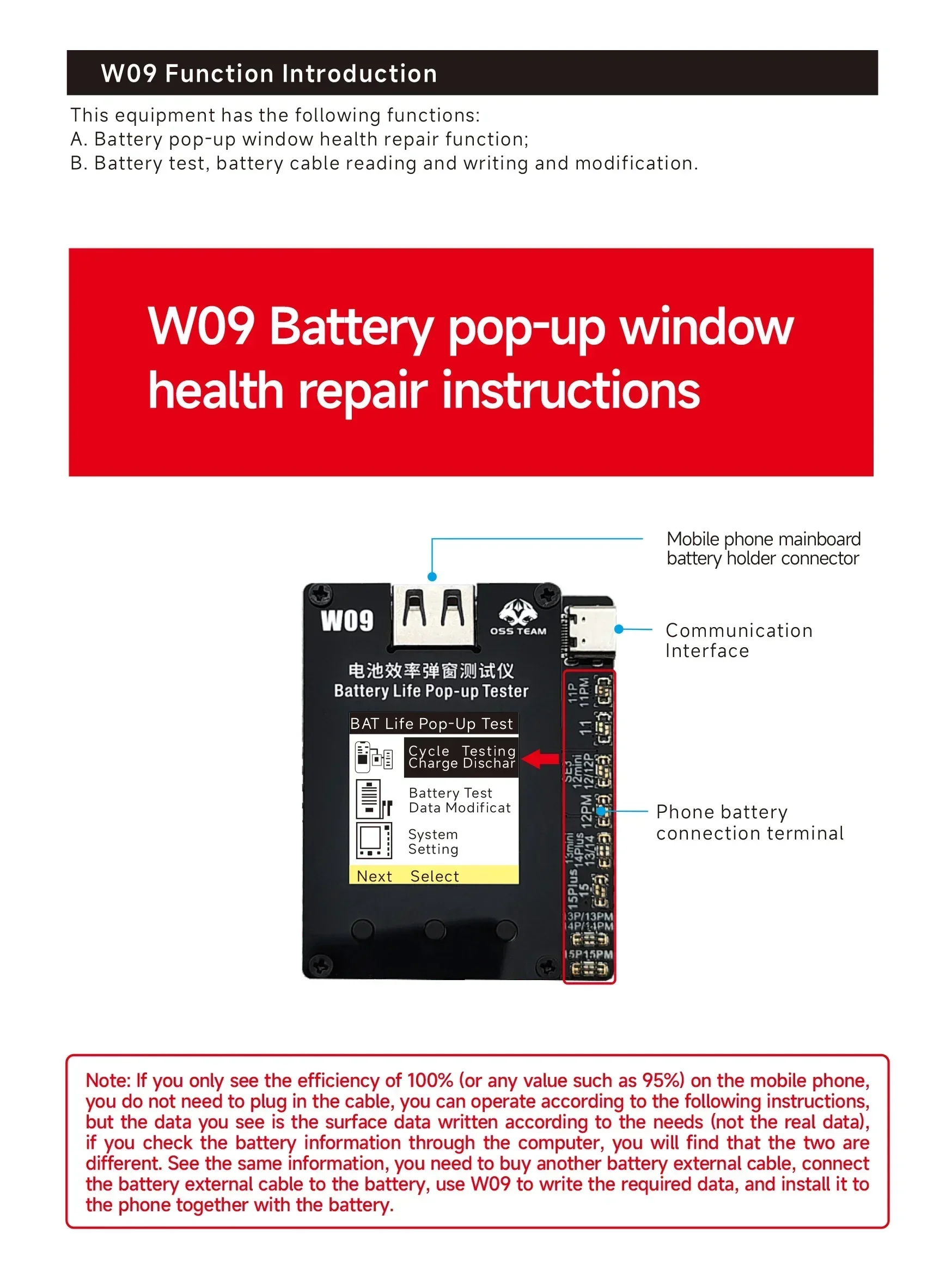 OSS W09 Pro V3 Battery Life Pop-up Tester for IPhone11-15PM Detection Modify Battery Efficiency 100% Cycle Health Data Tool