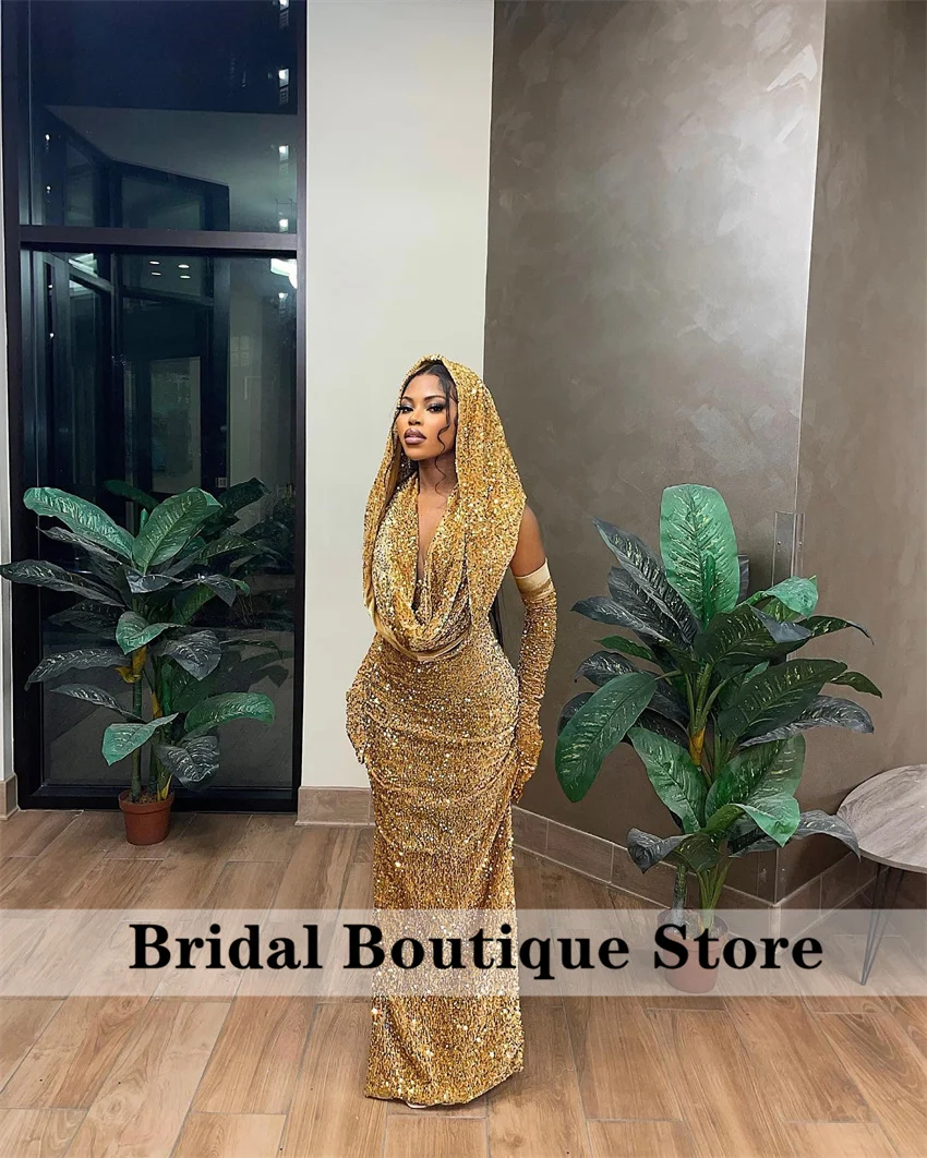 Gold Mermaid Prom Dresses 2025 With Cape Black Girls Evening Gown Wedding Party Birthday Gown With Gloves Customized