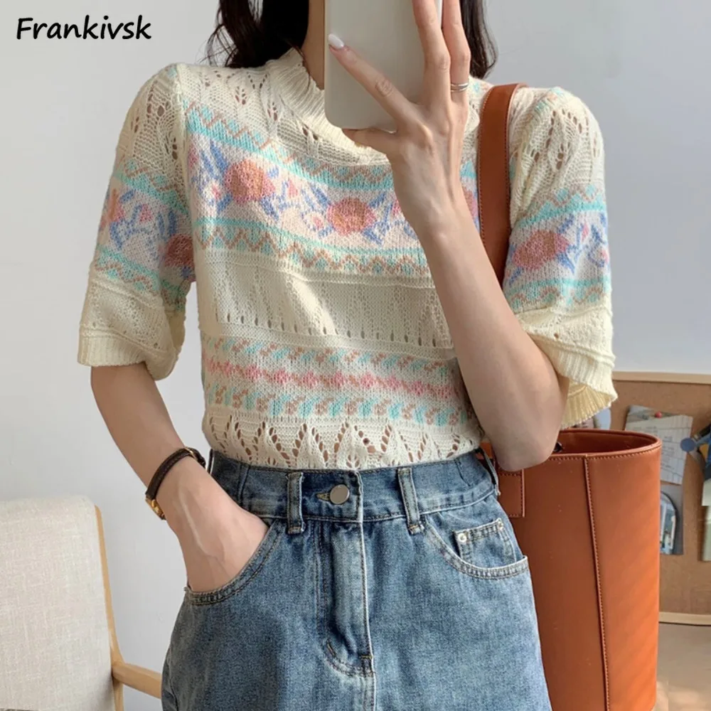 

Knitting Women T-shirts All-match Classical Korean Style Vintage Hollow Out Tender Tops Sweet Casual Daily Streetwear Breathable