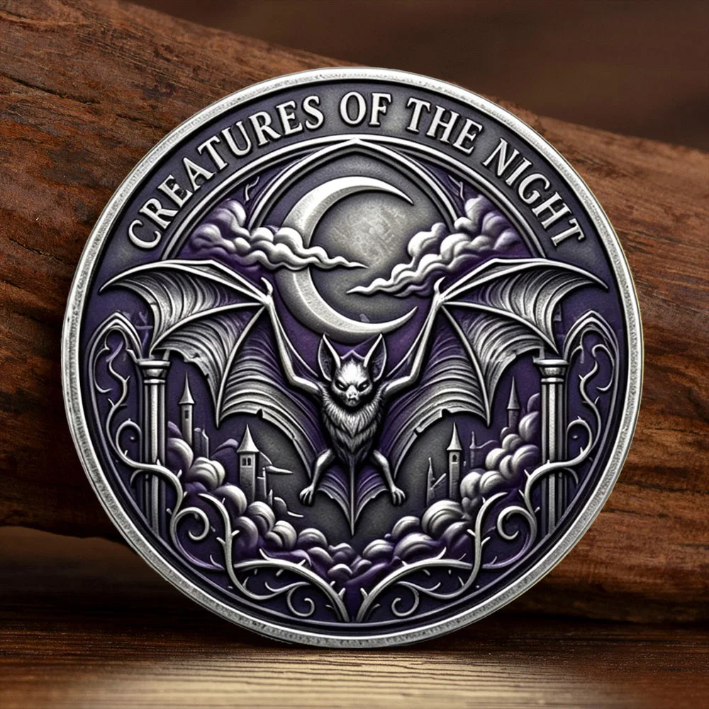Halloween Witchy Gothic Bat Silvery Plated Souvenir Coin Creatures of The Night Wings of Darkness Moon Shadow Collectible Coin