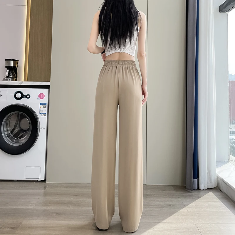 ผ้าไหมน้ําแข็งกางเกงขากว้างสําหรับผู้หญิงฤดูร้อนบางstyle2025 ใหม่ยอดนิยมเอวสูงแขวนผู้หญิงตรงหลอดครีมกันแดดกางเกง