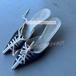 Pointy Toe Lace Up Mid Heeled Slippers Female Elegant Fashion Pointy Toe Mules Women Casual Comfortable Breathable Slippers