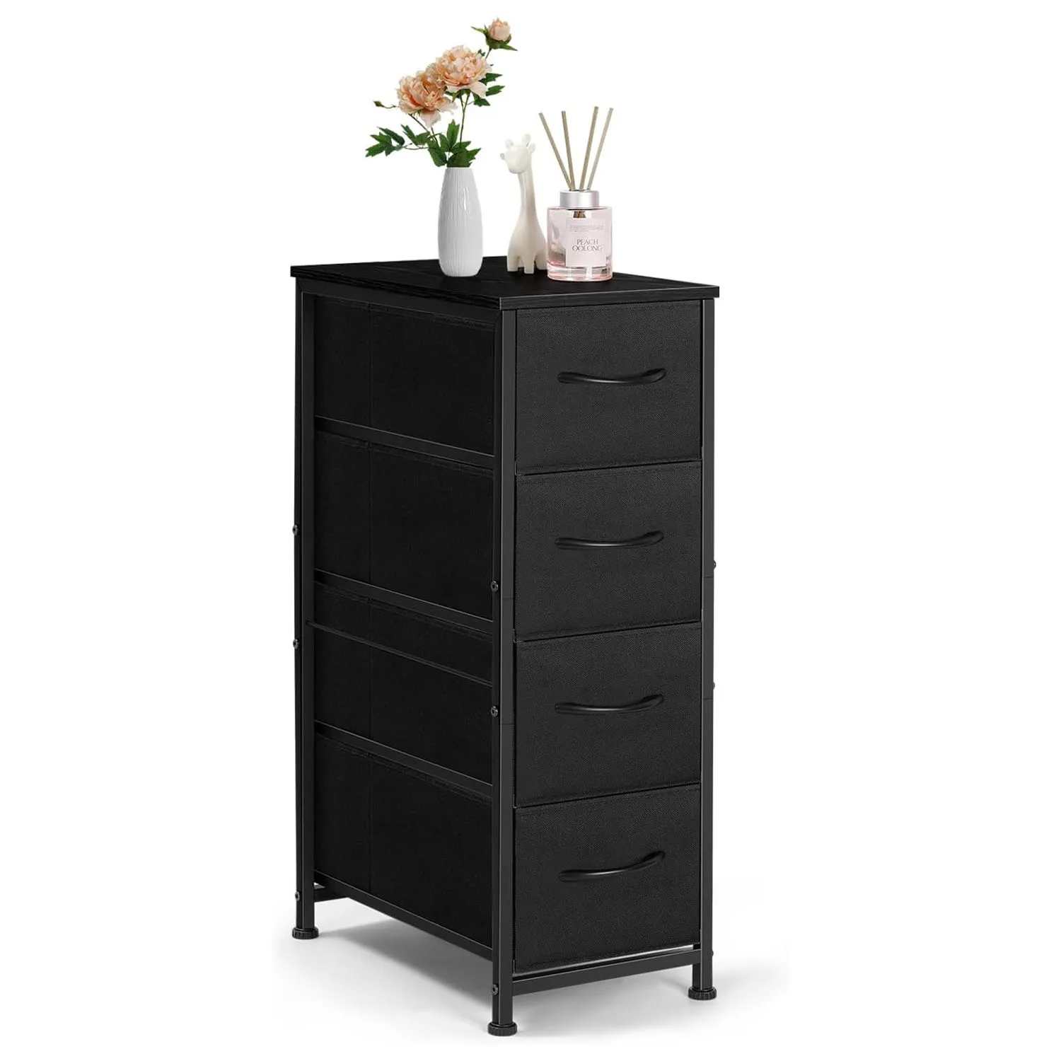 

"Narrow 4-Drawer Dresser: Slim Fabric Tower on Wheels, Wood Shelf for Bedroom, Bathroom, Living Room, Laundry, and Closet Storag