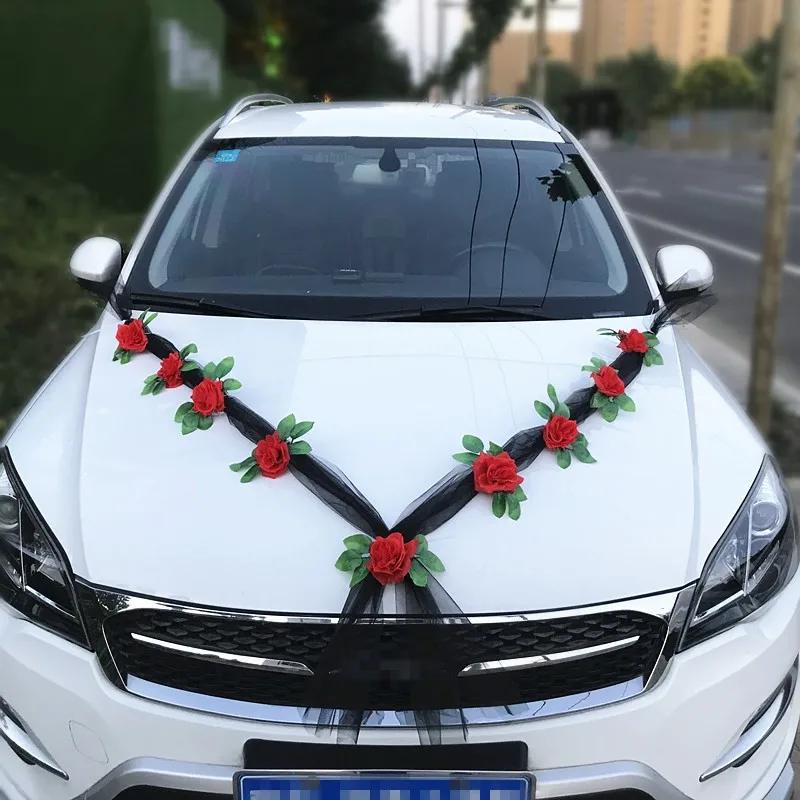 Durable White Silk Fake Rose Flower With Sheer Tulle Garland For Wedding Car Hood Mirror Handle Ornament Decoration