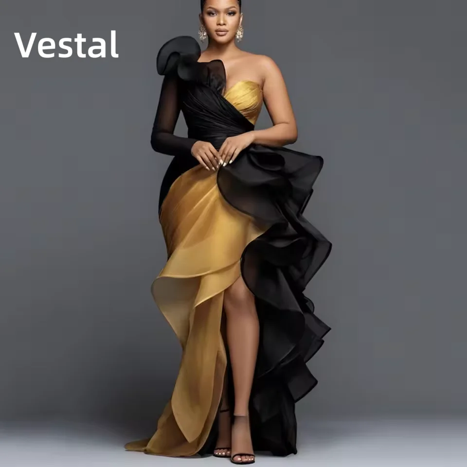Elegant Prom Dresses One Shoulder Ruffle Split Black Gold Vintage Evening Party Gowns New Arrival Customized