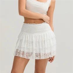 White Lace Mini Skirt for Women Girl Kawaii Low Waist Short Skirt for Summer Fairycore Clothes Korean Fashion Clothing