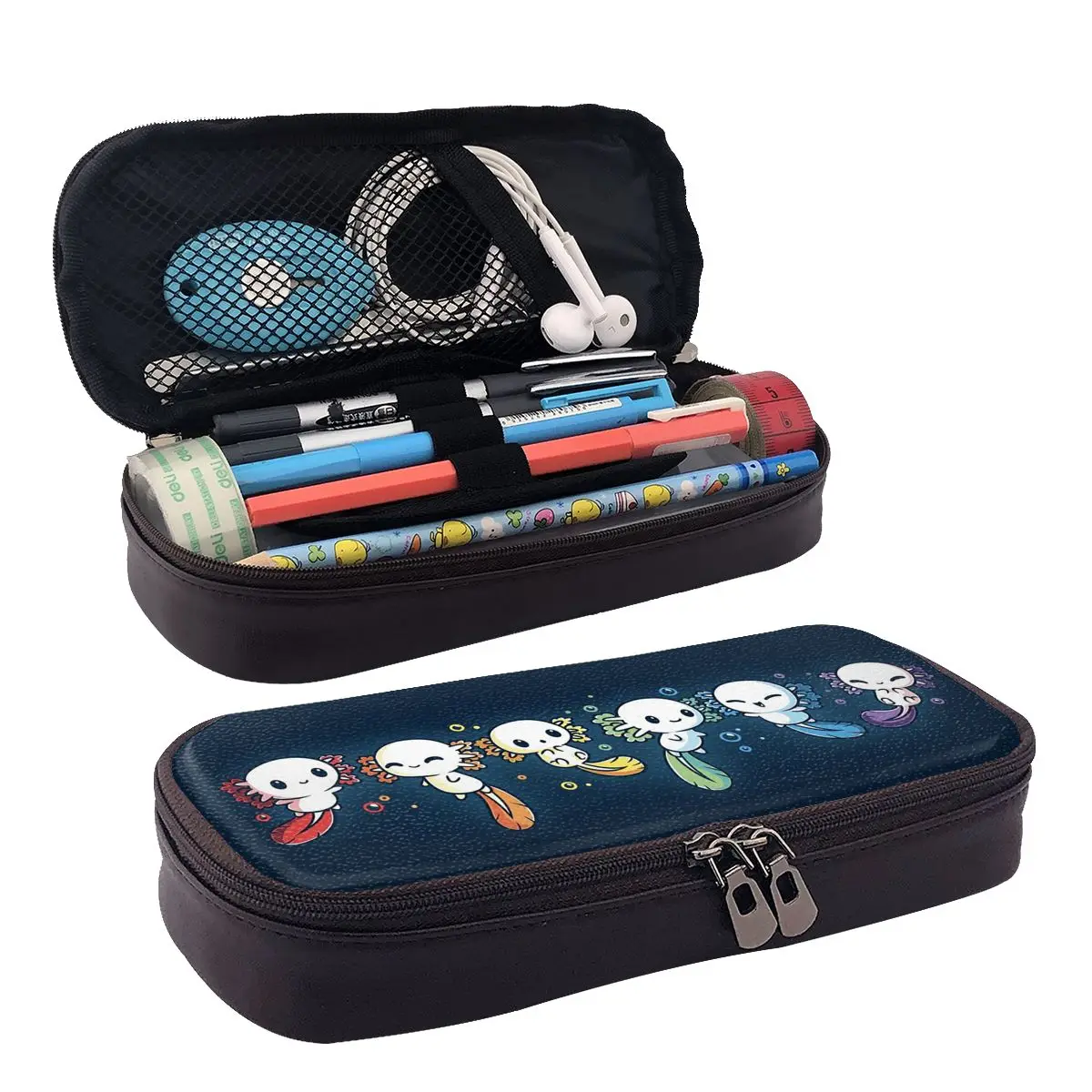 Colorful Axolotl Stacked Together Leather Pencil Case for Kids Gifts Pen Box Pencil Bag Stationery Supplies Pen Holder Bag