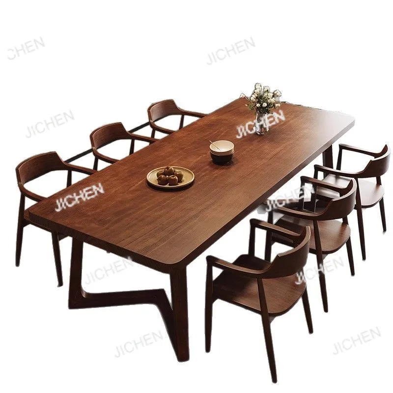 노르딕 스타일 원목 식탁 및 의자 세트 통나무 긴 테이블 작업대 가정용 식탁 책장 일체형 레스토랑