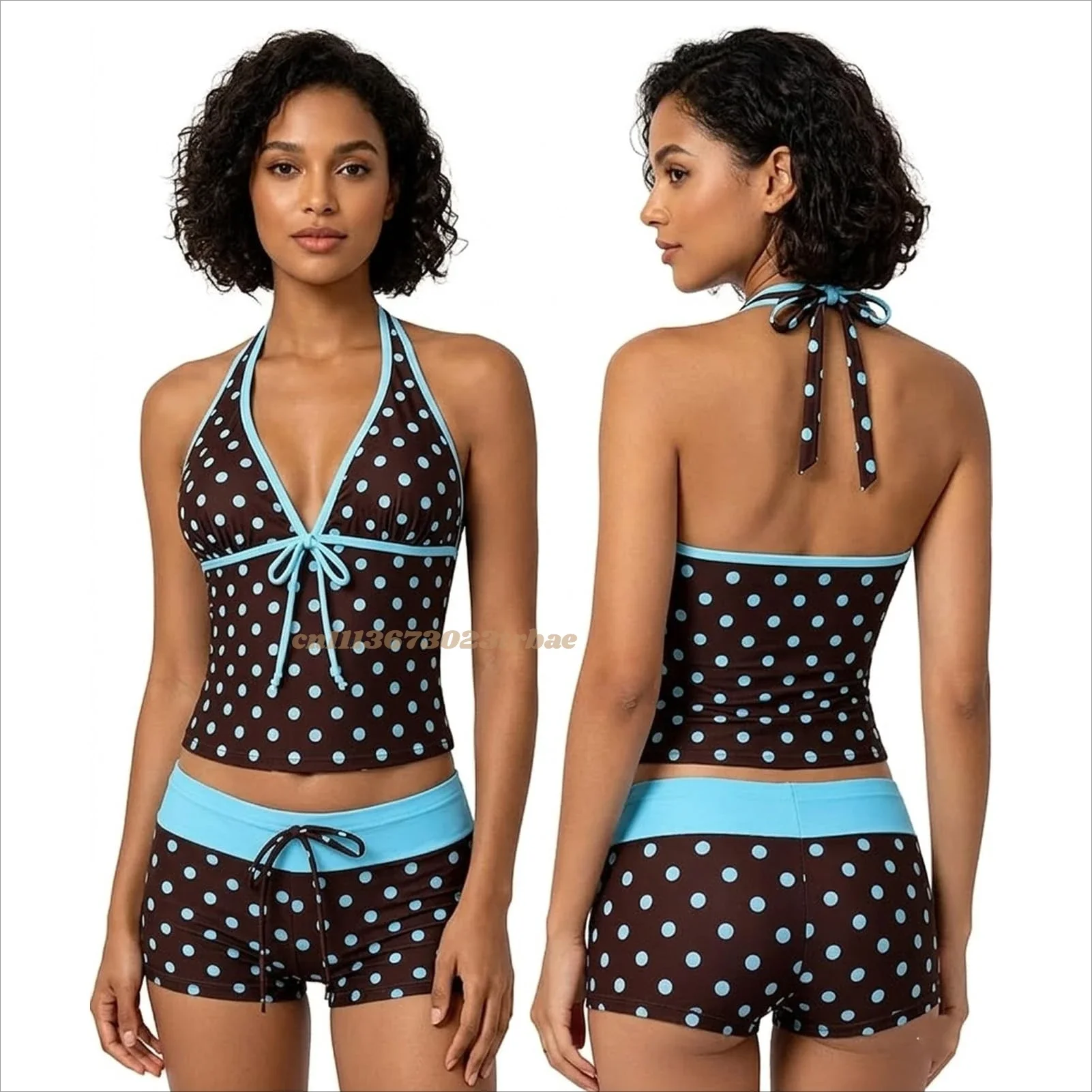 Women Y2K Polka Dot Tankini Swimsuit Halter Tie Top Boyshort Bottom 2Pcs Bathing Suit Beach Swimwear
