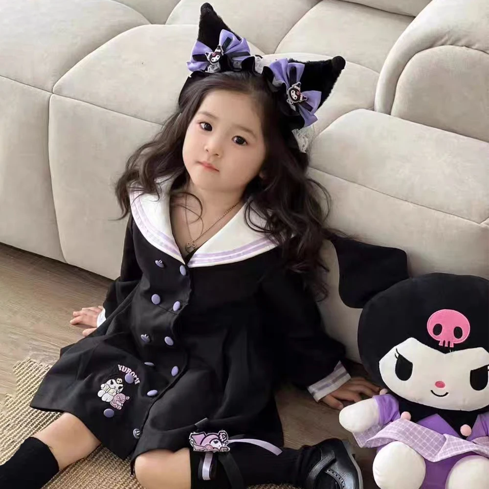 

Платье для девочек Kawaii Sanrio Kuromi мультяшная Милая ветровка куртка повседневное Свободное пальто с длинным рукавом весенне-Осенняя детская одежда