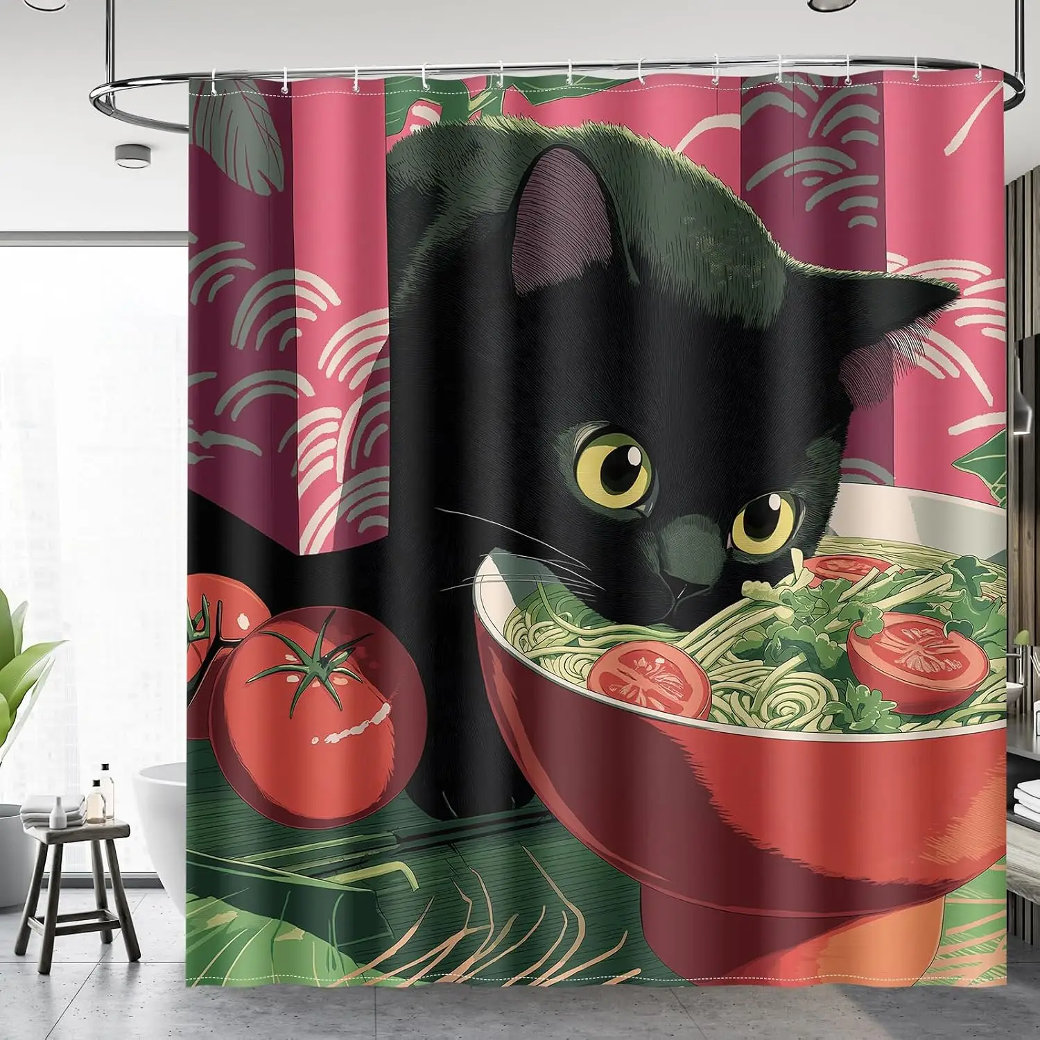 Funny Black Cat Ramen Shower Curtain, Cute Noodle Bowl Print, Japanese Style Bathroom Decor, Waterproof Polyester Fabric