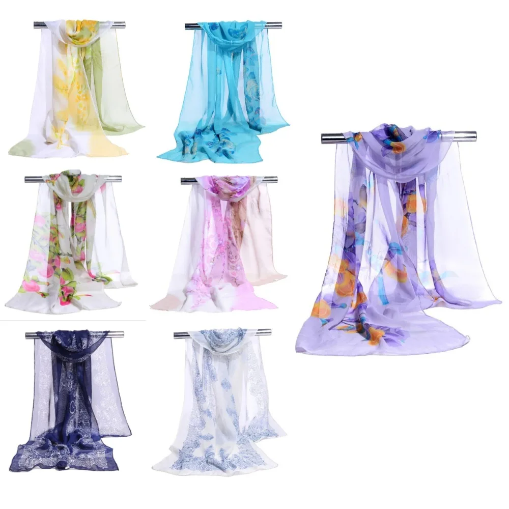 

Fashion Flower Print Long Chiffon Scarf Sun Protection Butterfly Shawl Silk 10 Colors Soft Wrap Neck Bandana Women