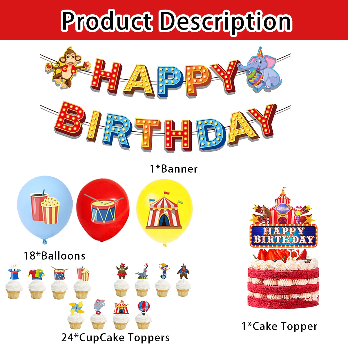 Circus Troup Set Birthday Decorations for Party, Disposable Balloon Banner, Cake Topper, Cake Insert, Theme Scene Decors