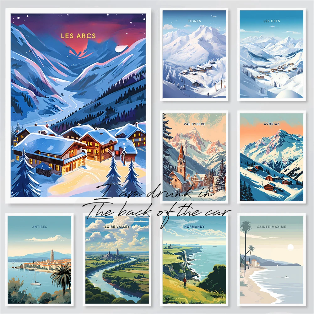 France Traveling Winter Mountain Beach Poster Canvas Printing Ardennes Tigens La Plagne Poster France Traveling Wall Art Decor