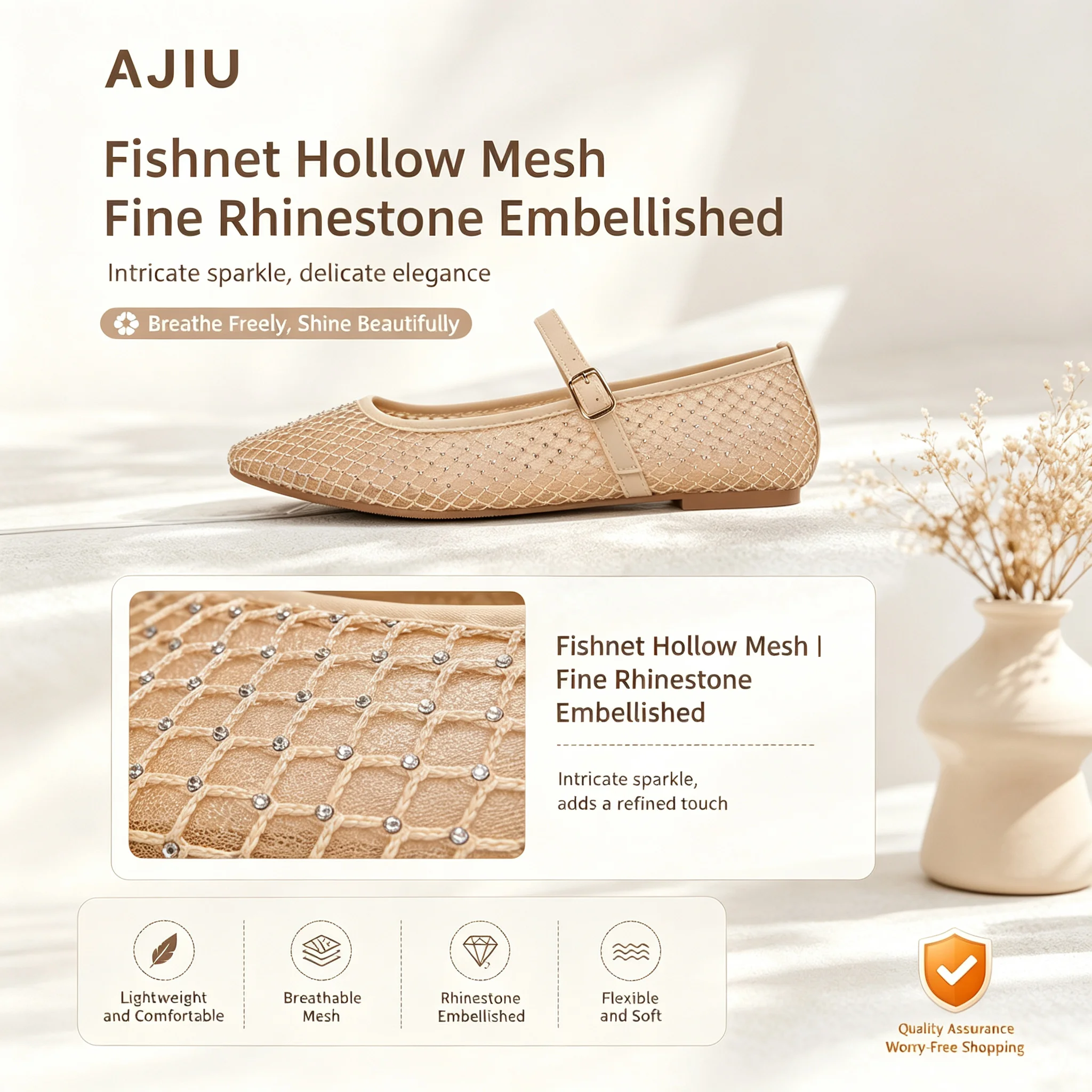 Women Nude Mesh Rhinestone Mary Jane Flats Summer Hollow Breathable Buckle Strap Casual Ballet Flat Shoes
