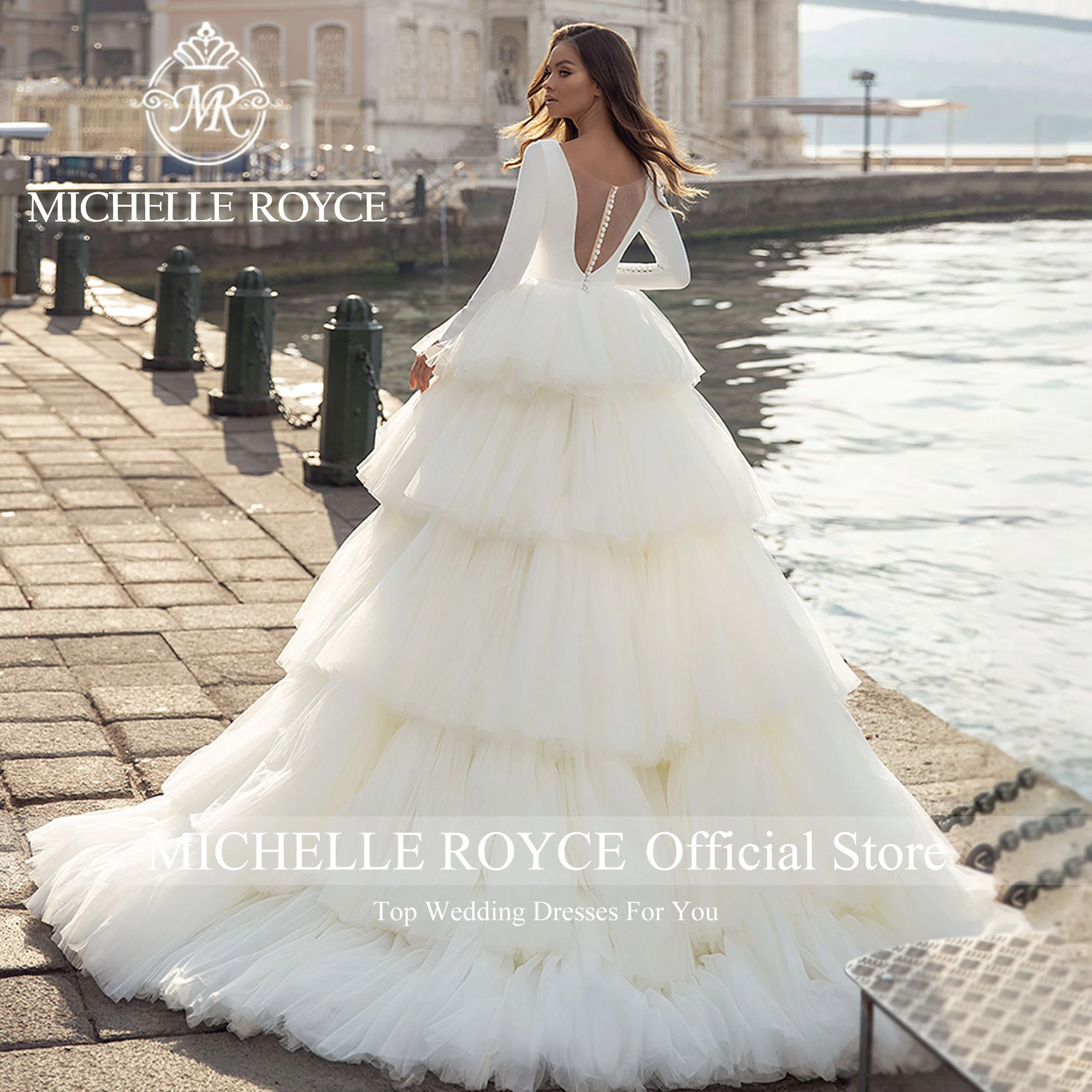 Michelle Royce Ball Gown Wedding Dresses For Woman Deep V-Neckline Cupcake Dress Satin Wedding Gown Vestidos Novias De Saten