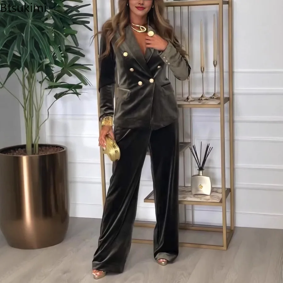2026 Velvet Two Piece Sets Women Pant Sets Suits Solid Turn Down Collar Full Sleeve Coats and Long Pants Double Breasted 2PCS
