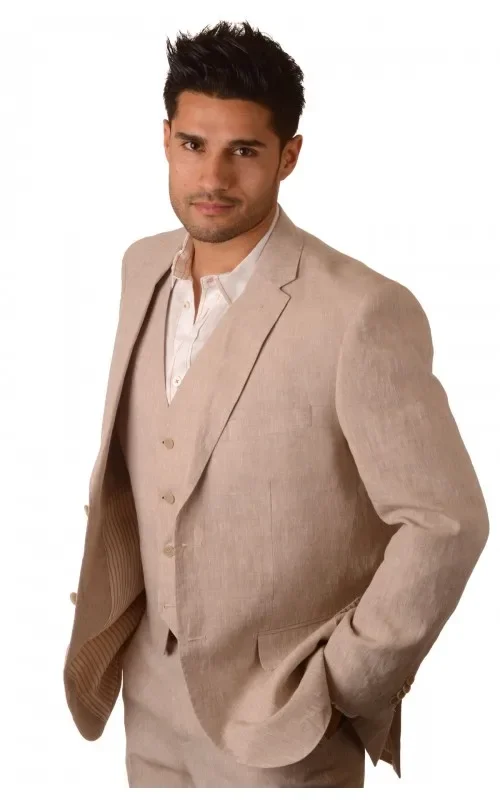 Trajes de boda de lino Beige champán para hombres, chaqueta informal de verano, 3 piezas ajustado de esmoquin, conjuntos de Blazer personalizados, Terno Masculino