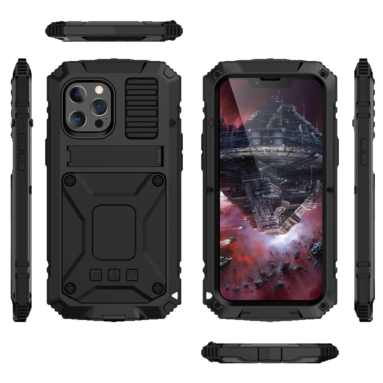 R-just Shockproof Armor Cover For Iphone 16 15 14 Plus 13 12 11 Pro Xs Max Bracket Full Body Protect Silicone Liner Metal Bumper