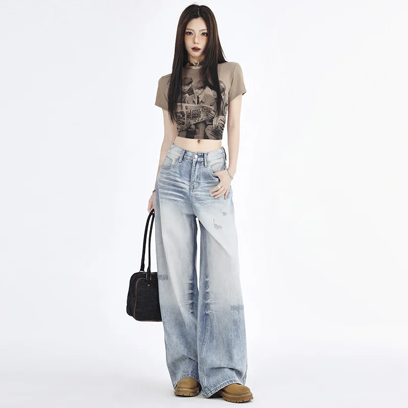 Wash Light Scratch Vintage Straight Leg Denim Pants Jeans