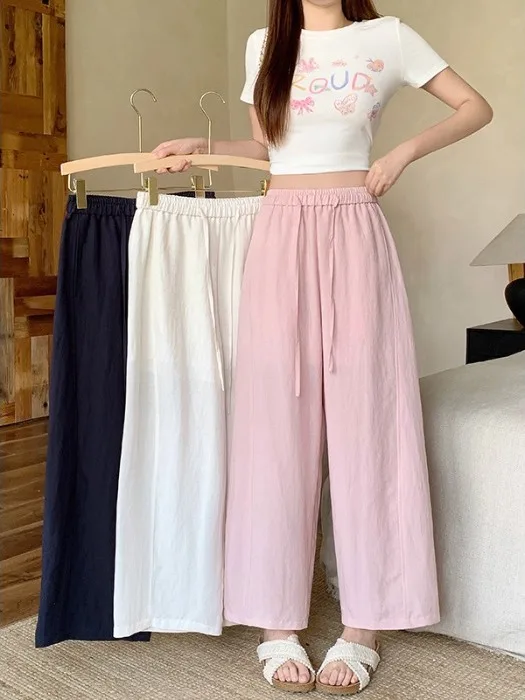 

High Waist Drawstring Lazy Style Casual Pants Summer New Loose Slimming Design Straight Nine Points Pants for plus Size Women