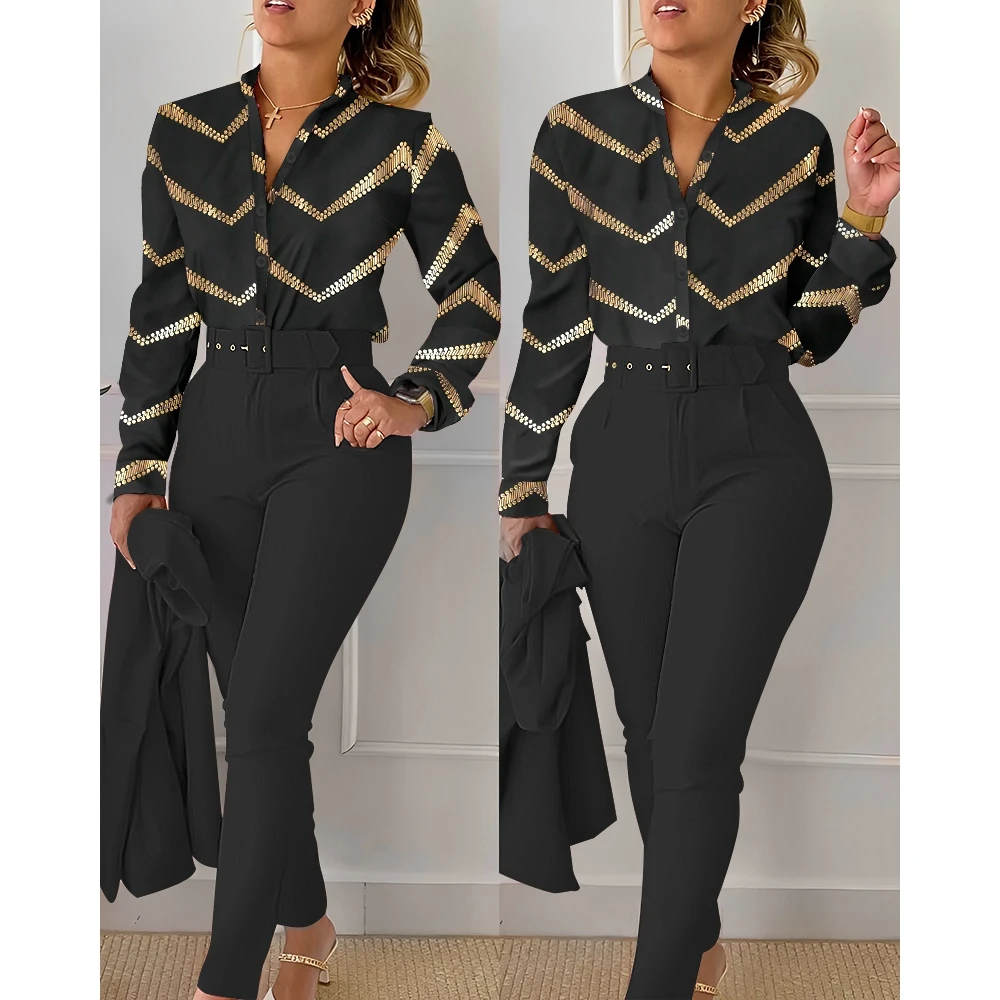 2024 Women Bronzing Chevron Print Shirt Top & Pants Set with Belt Korean Style Office y2k Ensemble Femme 2 Pieces Sets Workwear