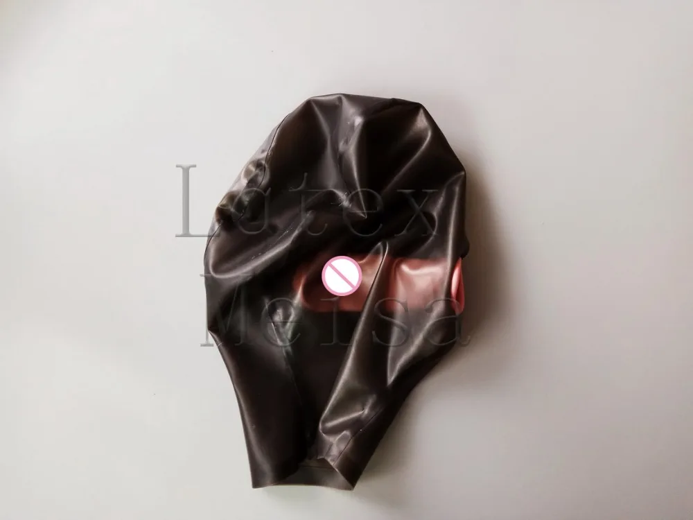 Transparent black latex hoods mask including mouth con dom without back zipper for adults