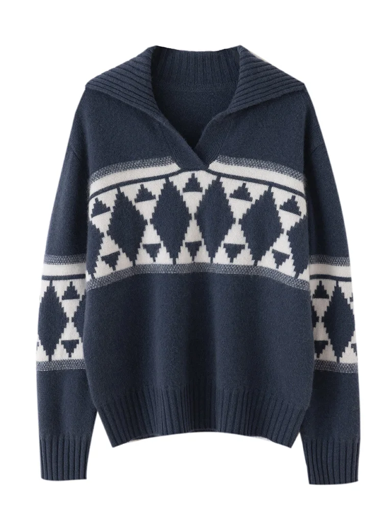 

Fashion Loose Women's Turn-down Collar 100% Cashmere Sweater Thick Pullover Autumn Winter Soft Lazy Style Knitwear Clothing Top