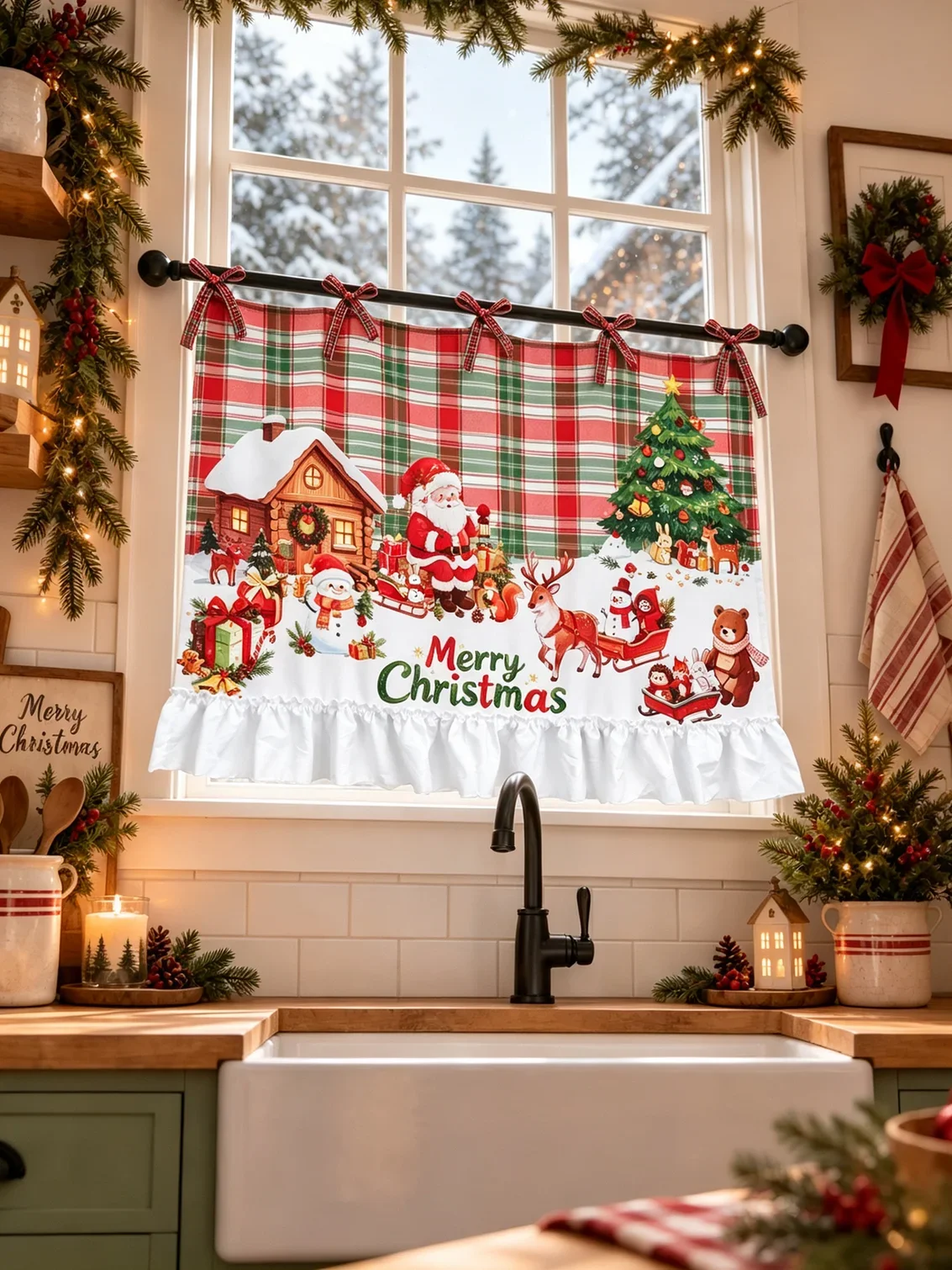 1PC Santa Snowman Plaid Print Ruffled Tie Up Curtain, Easy Install Washable, Christmas New Year Decor for Kitchen Window