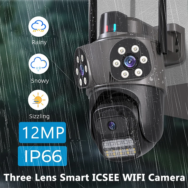 

12-мегапиксельная 3-экранная Wi-Fi IP-камера, уличная 3-объективная PTZ-камера Ai, водонепроницаемая беспроводная камера видеонаблюдения, видеокамера безопасности, приложение ICSEE