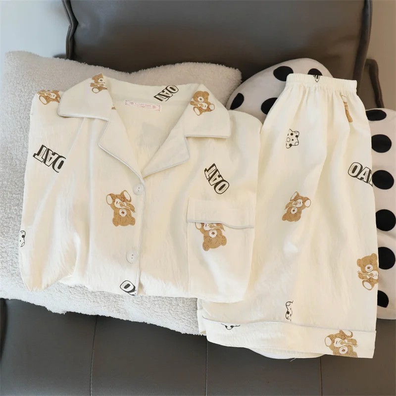 2XL Fun Letter Bear Print Pajamas for Women Cartoon Sweet Cute Casual Women 2 Piece Set Homewear Simple Sleepwear Pajamas Set