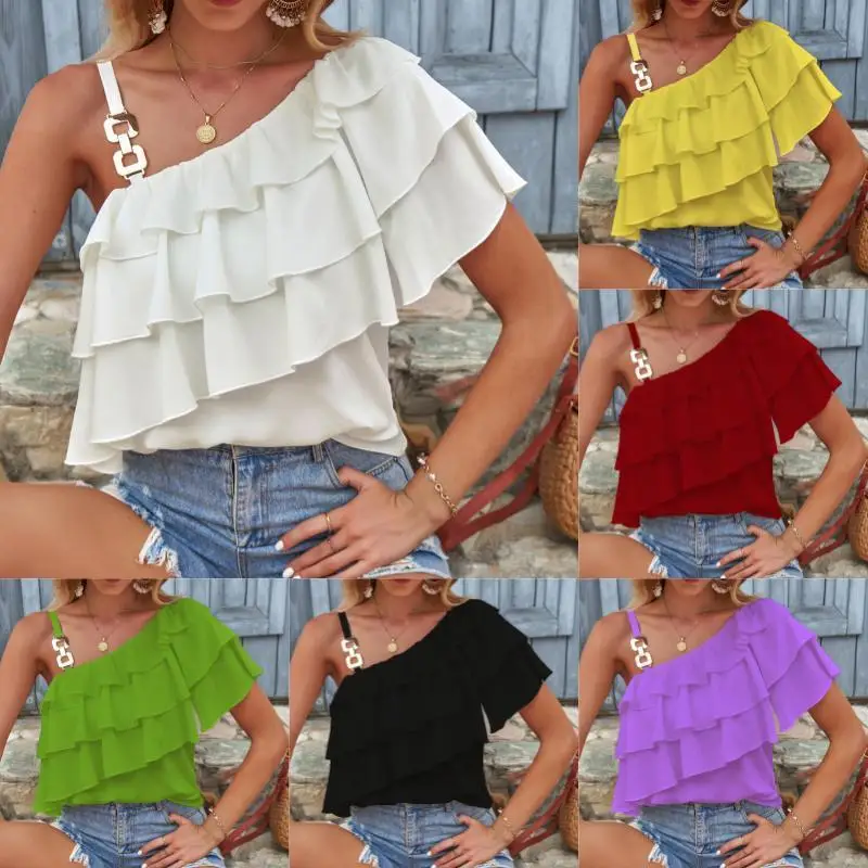 

Женская рубашка с рюшами и асимметричными плечами, топ из полиэстера с короткими рукавами и цветочным принтом, повседневная деловая офисная одежда, лето 2024