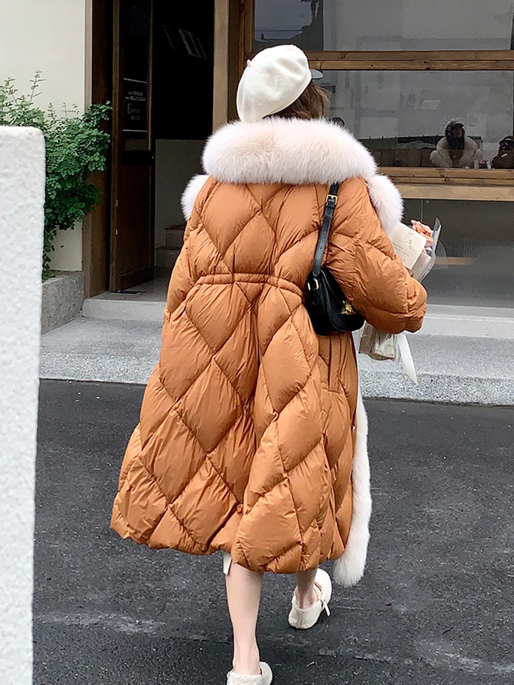 Casacos longos de ganso para mulheres, casacos reais de pele de raposa, roupas femininas grossas, casacos puffer quentes, naturais, inverno, 2024