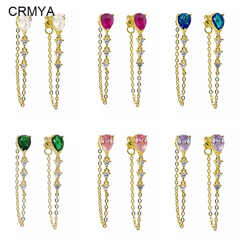 CRMYA Gold Filled Stud Earrings For Women Vintage Color CZ Zircon Piercing Female Initial Chain Earrings 2023 Jewelry Wholesale