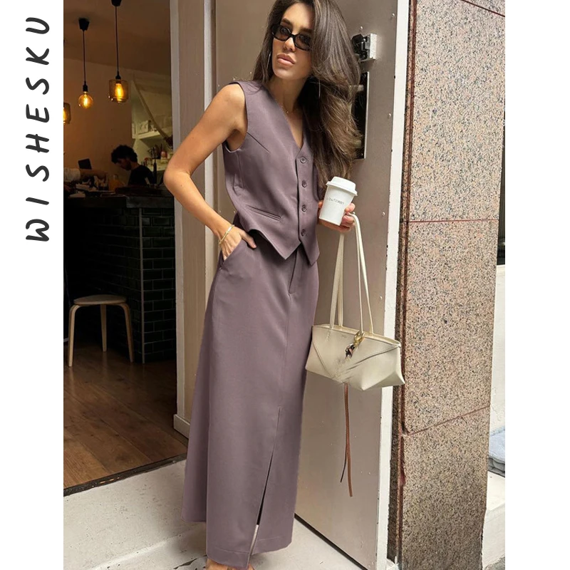 

Women's Street Vest 2-piece Set Chic V-neck Sleeveless Breasted Button Textured Vest + High-waisted Drawstring Casual Skirt Suit