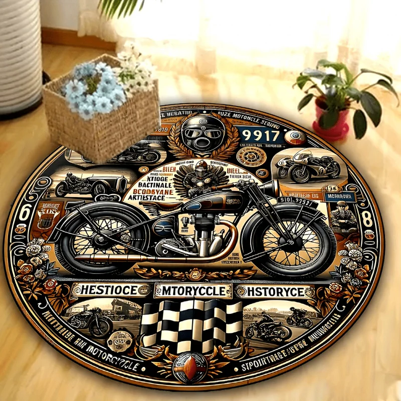 VIKAMA Biker Culture Round Rug, Vintage Motorcycle Checkered Flag Area Rug, Non-Slip Washable Man Cave Decor Mat