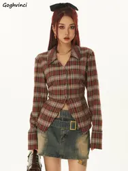 Vintage Plaid Shirts Women Harajuku Hotsweet Chic Slim Spring Fashion Streetwear Sexy Ladies Temperament Casual American Retro