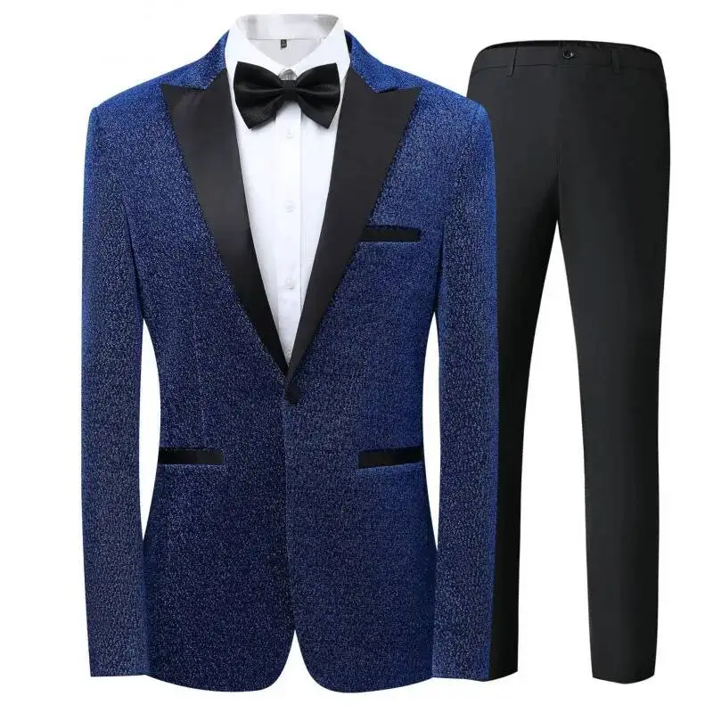 

Men's Casual Shiny Sequin Suit Host Evening Gown Set Slim Fit Single Button Cotton Blend For Wedding Party Events